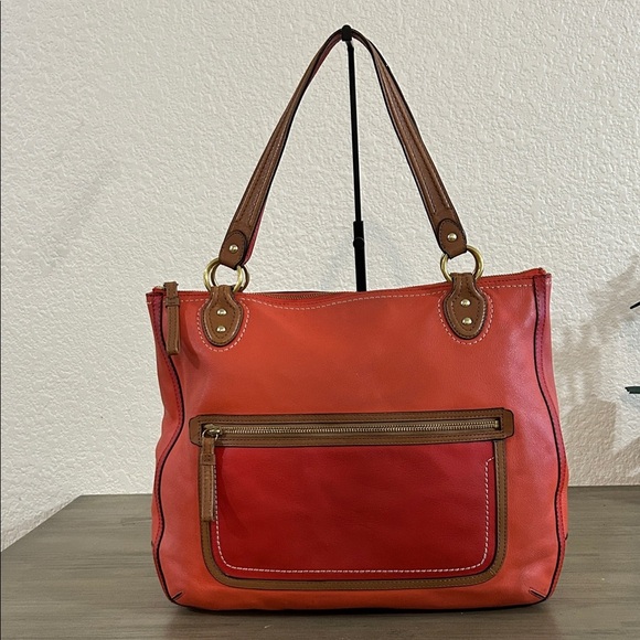 Coach 22430 Poppy Leather Vermillion Sun Orange Color Block Hallie Large Tote - Picture 1 of 11